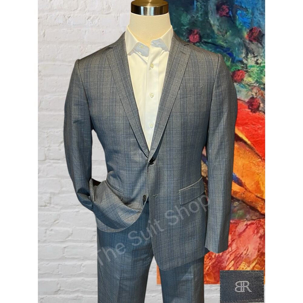 Banana Republic Monogram 40L 35x31 Slim Blue Gray Plaid Suit Guabello Connosseur